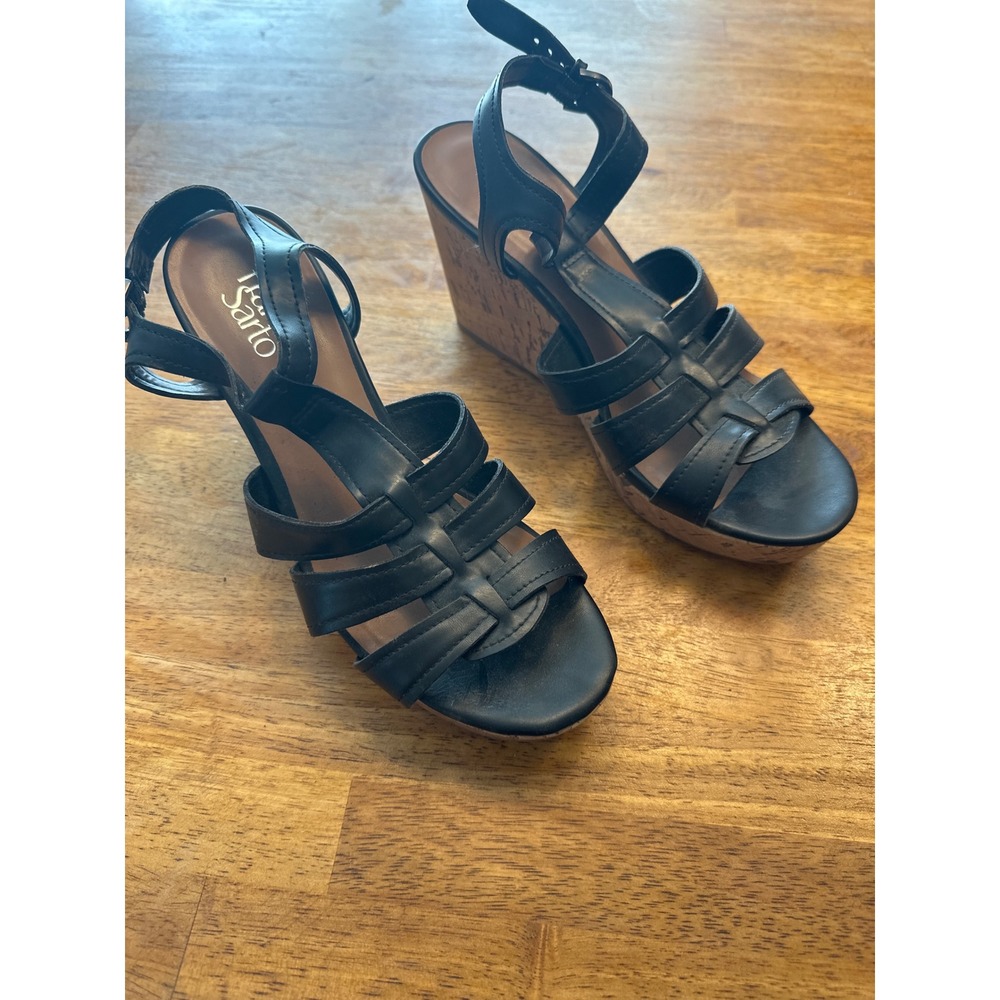 Franco Sarto Womens Black Strappy Cork Wedge Sandals Ankle Strap Heel